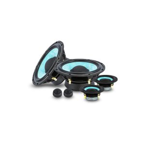 Car speaker kit with turquoise-cone woofers, midrange, and tweeters, featuring gold terminals and black frames.