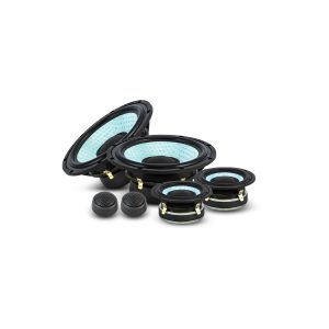 Car audio speaker kit featuring turquoise-cone woofers, multiple round drivers, and two small dome tweeters.