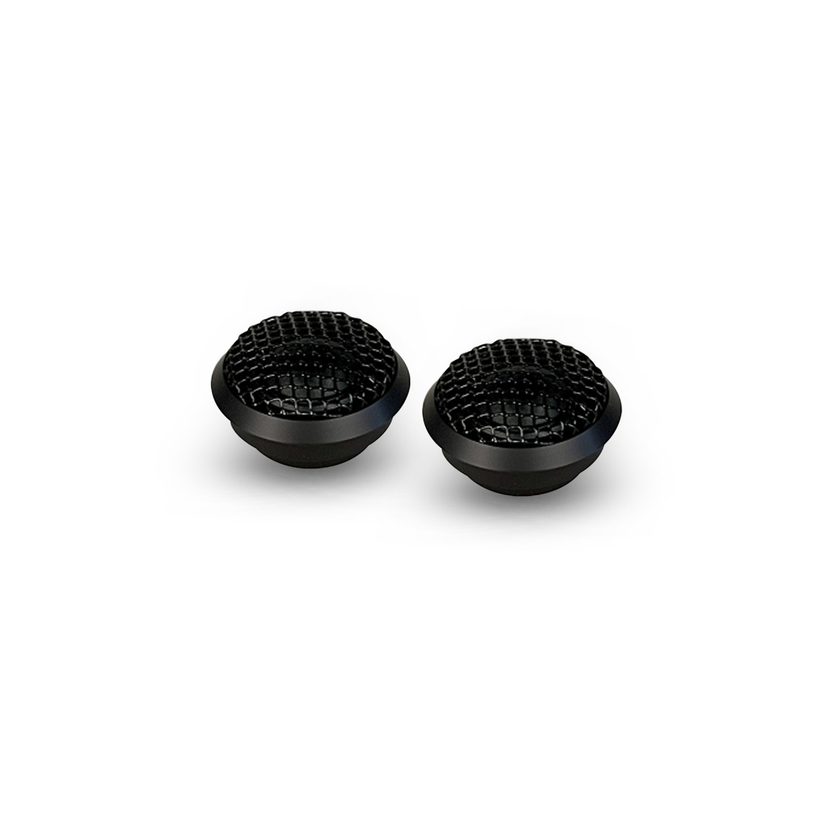 Ati Audio 6.3Xtele Pair of black circular mesh strainers with grid-like interior and shallow bowl shape.
