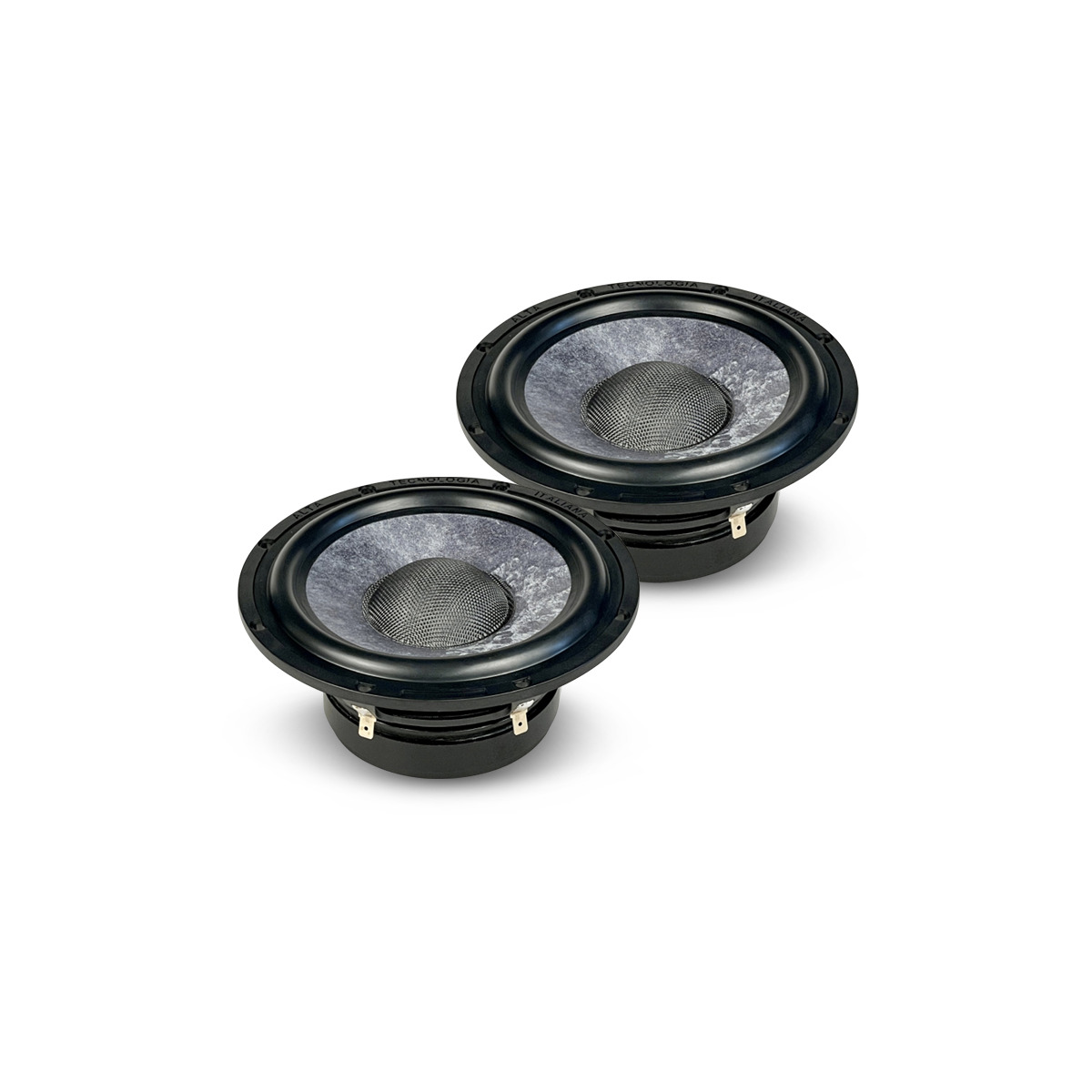 Ati Audio 6.3Xtele Pair of black woofer drivers with gray marbled cones and mesh dust caps