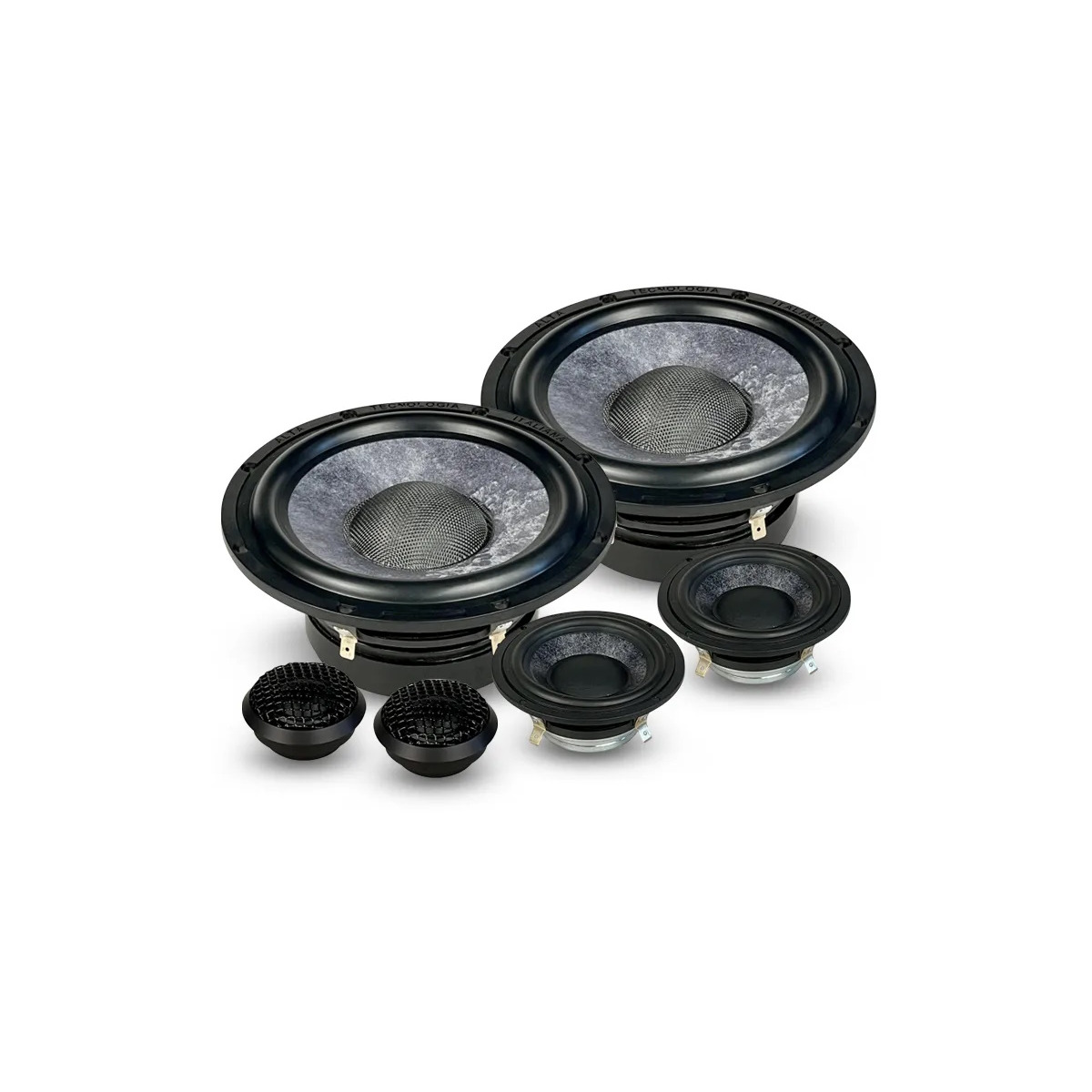 Ati Audio 6.3Xtele Car audio speaker set with two large woofers, two midrange drivers, and two small tweeters.