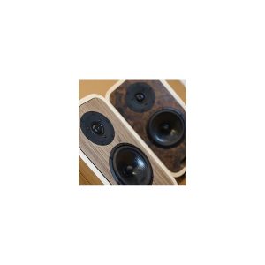Pair of wooden bookshelf speakers with circular black drivers and tweeters in light and dark veneer finishes.