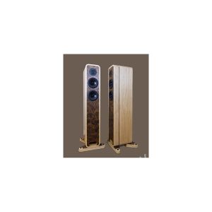 Pair of tall floor-standing speakers with burl wood veneer and multiple drivers