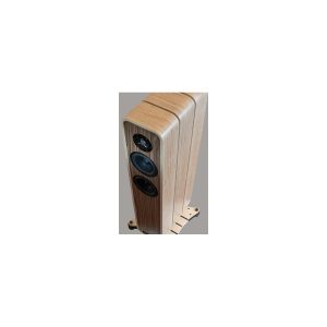 Wooden floorstanding loudspeaker with three drivers and curved veneer cabinet.