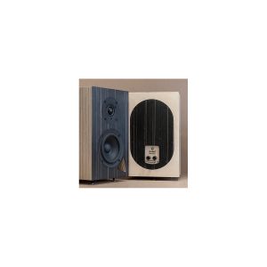 Pair of two-way loudspeakers in dark wood veneer, front left with tweeter and woofer, right showing back panel.