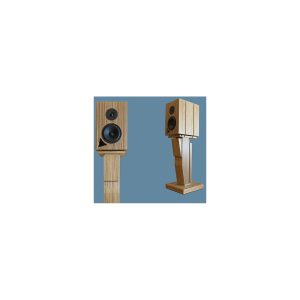 Pair of wooden bookshelf speakers mounted on tall wooden stands, featuring front-facing tweeters and woofers against a blue background.