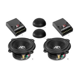 AD car audio component speaker kit with two 4-inch W4 woofers, two dome tweeters, and two crossovers