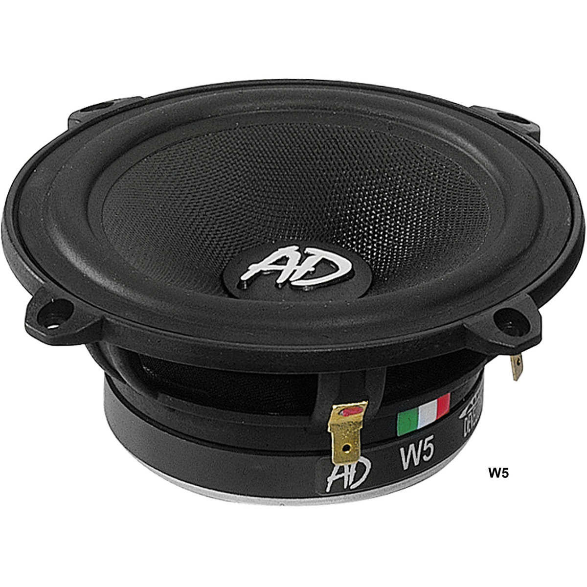 Audio Development 5-Kit Ad brand w5 5-inch car woofer with black cone, mesh dust cap, and mounting flanges.