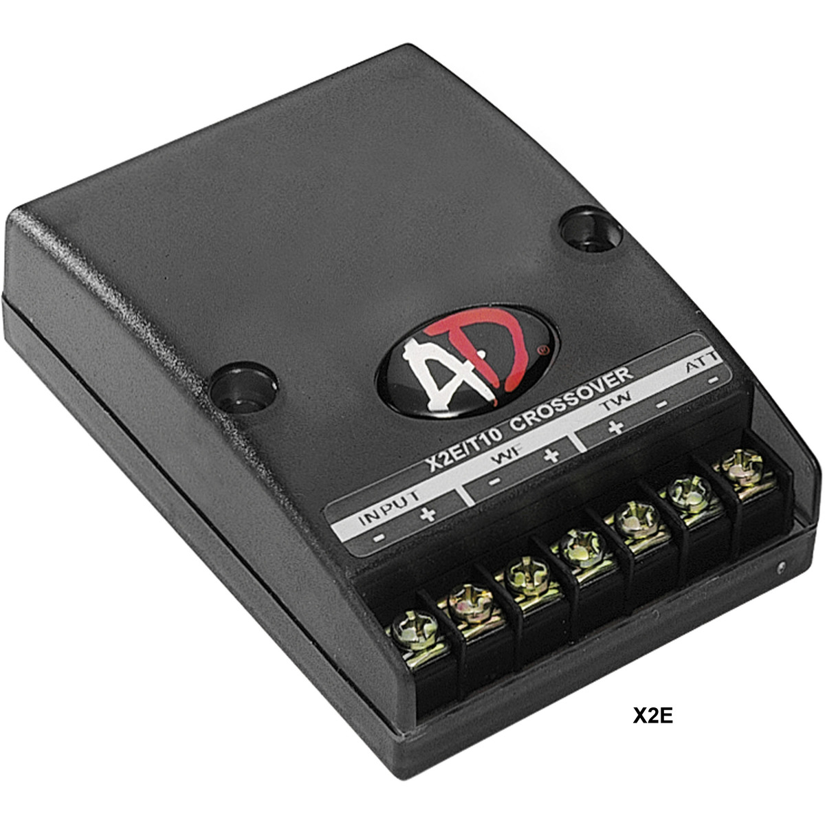 Audio Development 5-Kit X2e crossover module with screw-terminal block and circular logo on top.