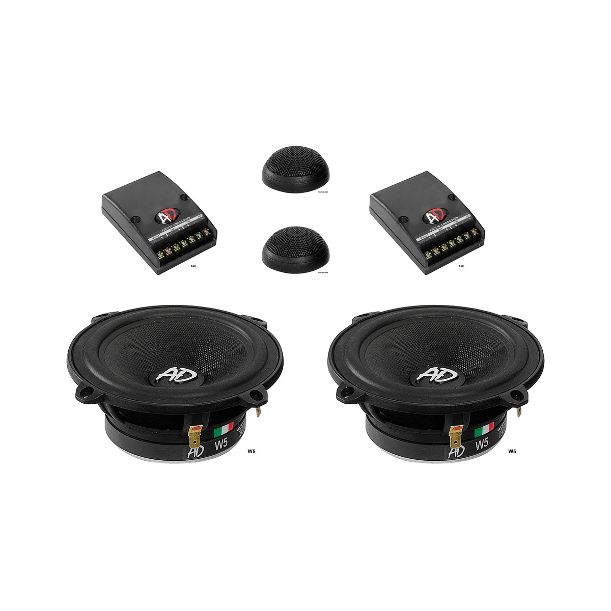 Audio Development 5-Kit Pair of ad w5 5-inch component car speakers with two crossovers and two dome tweeters.