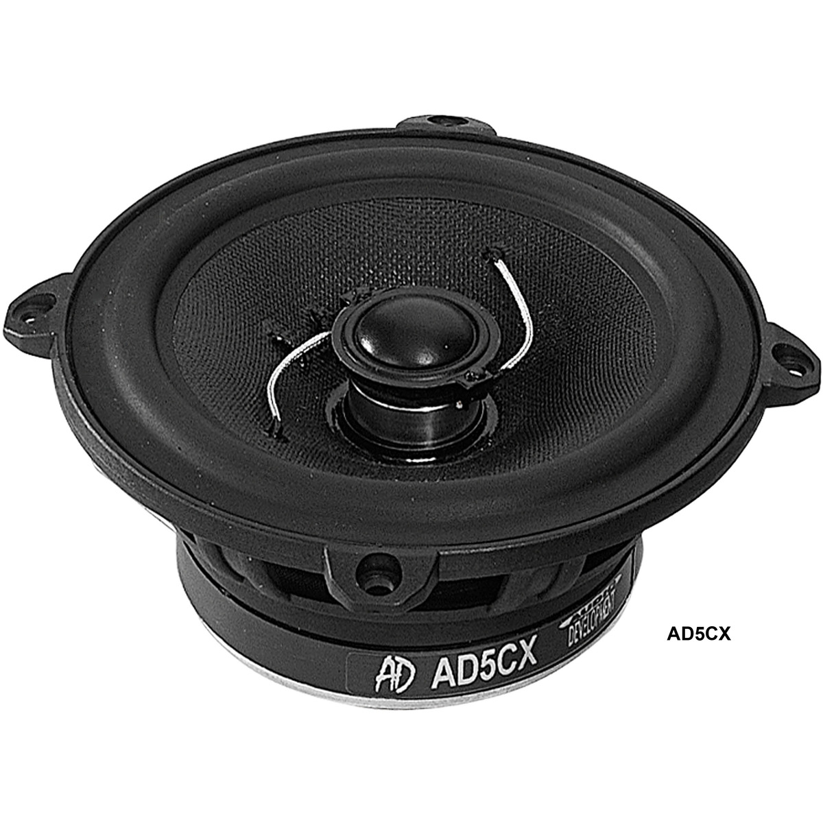 Audio Development 5Cx-X2E Ad5cx 5-inch coaxial car speaker with black cone and dome tweeter.