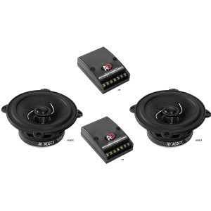 Pair of AD 5CX two-way car speakers with black woofer cones and two AD X2E crossovers.