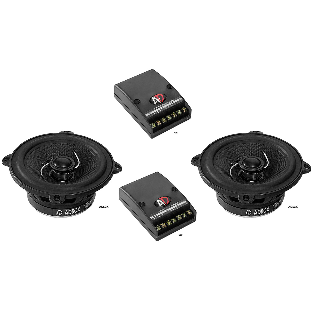 Audio Development 5Cx-X2E Pair of ad 5cx two-way car speakers with black woofer cones and two ad x2e crossovers.