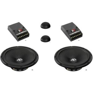 Pair of AD W6 car audio woofers with two crossovers and two dome tweeters.
