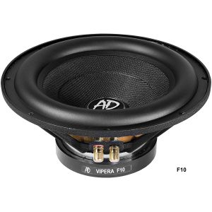 AD Vipera F10 woofer with black cone, woven mesh dust cap, and gold-plated terminals.