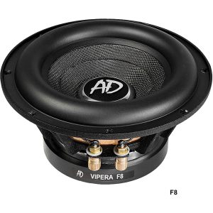 AD Vipera F8 8-inch woofer speaker with black surround, mesh dust cap, and gold terminal posts