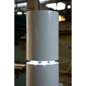 White cylindrical LED lamp with two stacked sections and a bright glowing gap.