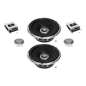 AD MM6 car audio component set with two large round woofers, two compact amplifiers, and two metal-mesh tweeters.