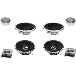 Car audio component kit with two MM4 midbass drivers, two MM6 large woofers, two dome tweeters, and two amplifiers.