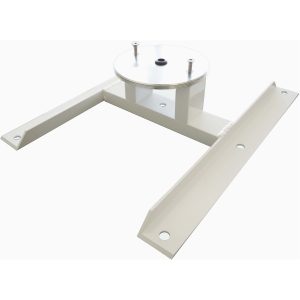 White metal frame with circular aluminum disc mounted on a central post, flanked by two long mounting rails with holes.