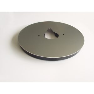 Round gray metal disk with a triangular central cutout and two small holes near the center.