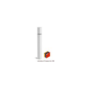 White cylindrical spray bottle with a silver band around the cap, standing upright.