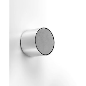 Round wall-mounted metal speaker with grey mesh grille and chrome rim