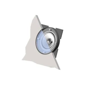 Round loudspeaker with silver cone and blue protective ring mounted on a gray mounting bracket.
