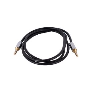 Black 3.5mm stereo audio cable with gold-plated male connectors on both ends.