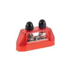 Red plastic wire terminal block with transparent cover and two screw terminals visible.