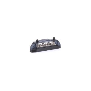 Compact electrical terminal block with six screw terminals and a blue translucent cover on a black base.