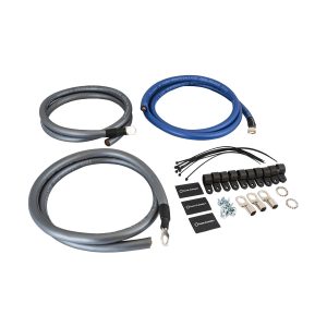 Auto-Connect power wire kit for car audio, including three power cables, ring terminals, lugs, and mounting hardware.