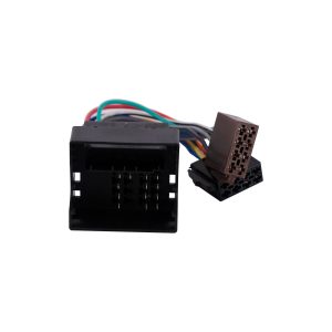 Automotive wiring harness adapter with two multi-pin connectors and colorful wires.