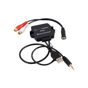 Auto-Connect BTRU Bluetooth audio receiver with RCA outputs, 3.5mm jack, and USB power cable