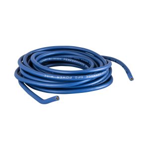 Coiled blue high-performance OFC power wire with visible copper conductors.