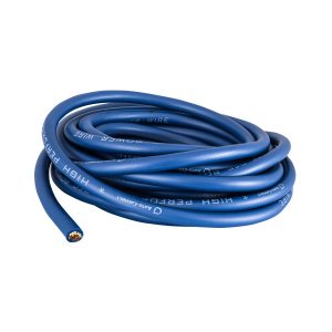 Coiled blue electrical power cable with copper strands visible at the stripped end.
