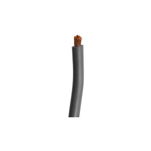 Gray insulated electrical wire with exposed copper strands at the cut end.
