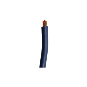 Blue insulated electrical wire with exposed copper strands.
