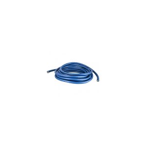 Coiled blue electrical cable with exposed copper conductors at both ends.