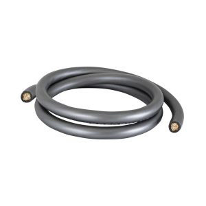 Coiled gray insulated electrical wire with exposed copper conductors at both ends.