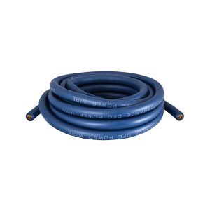Blue coiled heavy-duty power extension cord with exposed copper conductors at the ends.