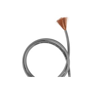 Gray power cable with exposed copper strands at the cut end.