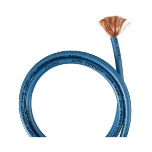 Auto Connect 4 AWG blue automotive power cable with exposed copper strands.