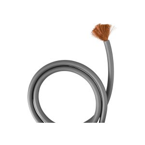 Coiled gray electrical cable with exposed copper conductors at the cut end.