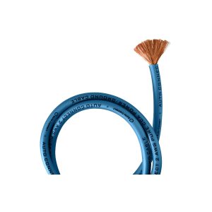 Blue insulated AutoConnect electrical cable with exposed copper strands.