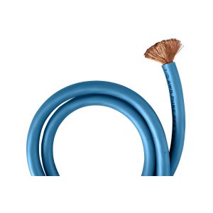 Blue 10 AWG pure copper power cable with exposed copper strands, coiled.