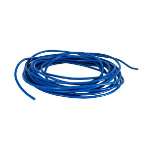 Blue insulated wire coil with stripped copper ends.