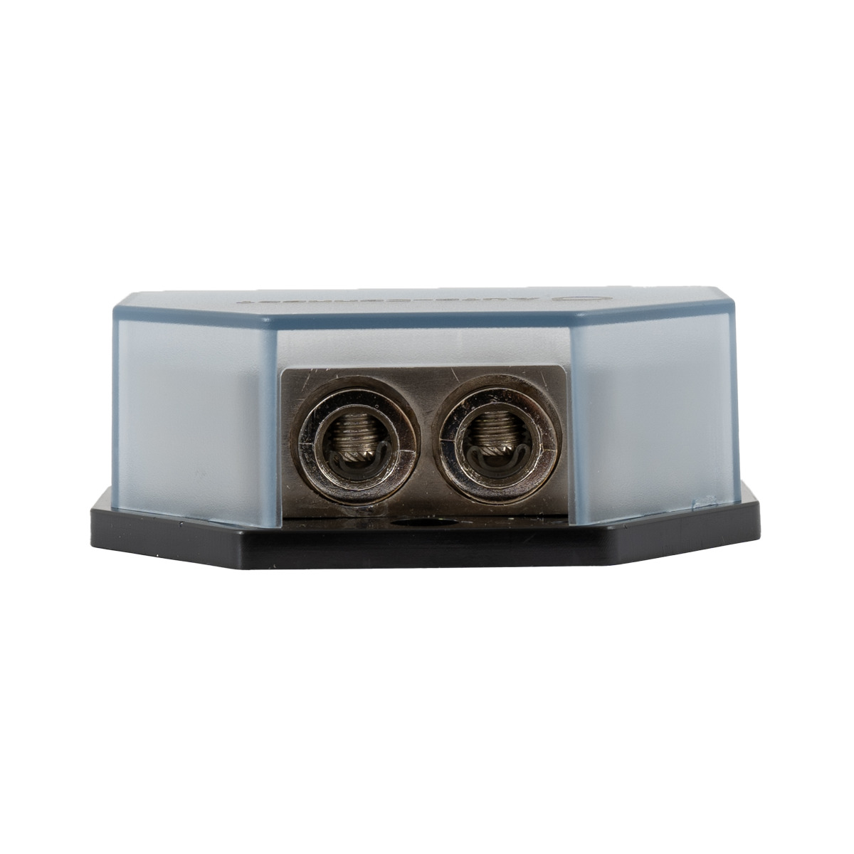Auto-Connect Db24L1 Blue translucent electrical terminal block with two screw terminals mounted on a black base.
