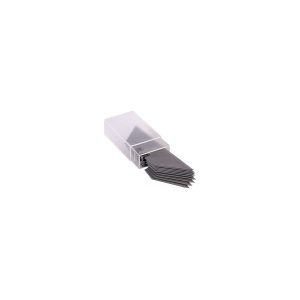 Clear plastic case containing multiple precision hobby knife blades arranged in a fanned stack.