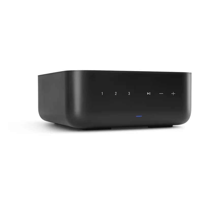 Denon Home Amp Amplifier Black rectangular streaming media player with front-panel 1–3 buttons, play/pause and volume controls, and a blue indicator.